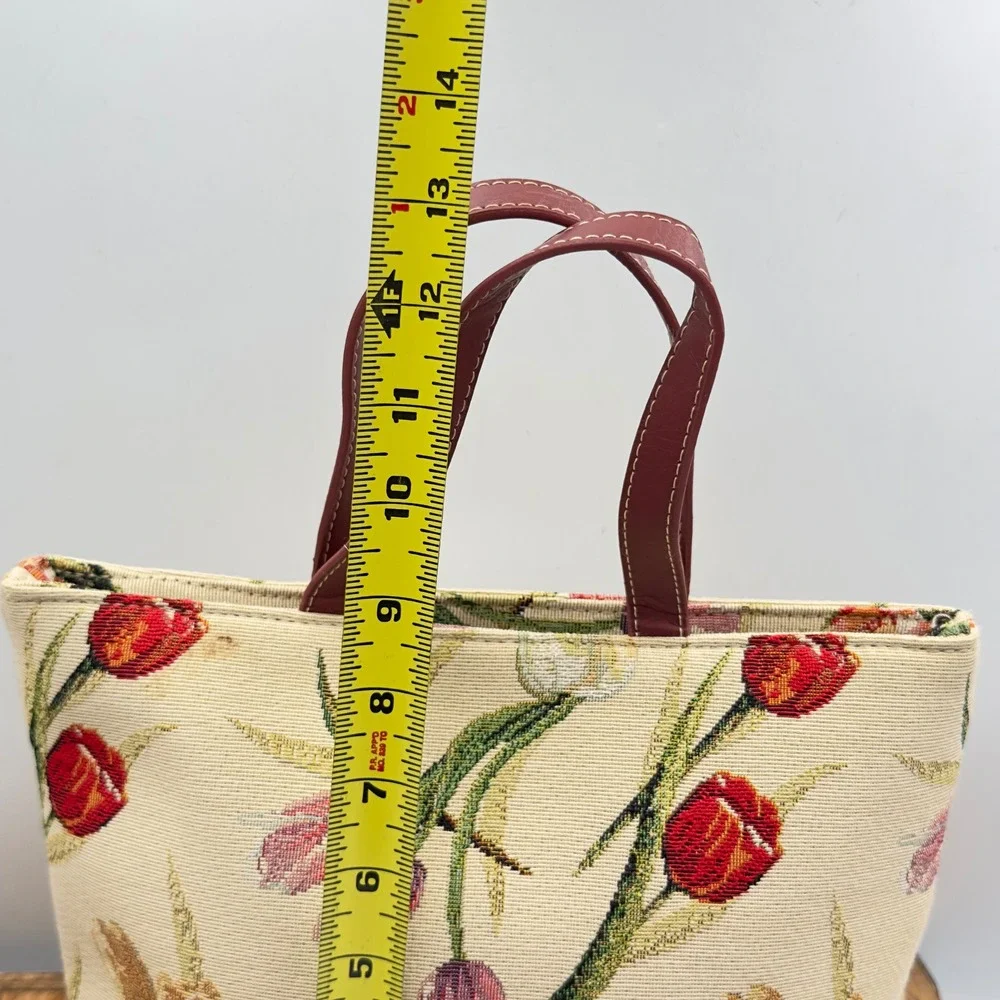 Signare Tapestry Tote Bag Red Tulip Floral Woven Handbag Burgundy Handles
